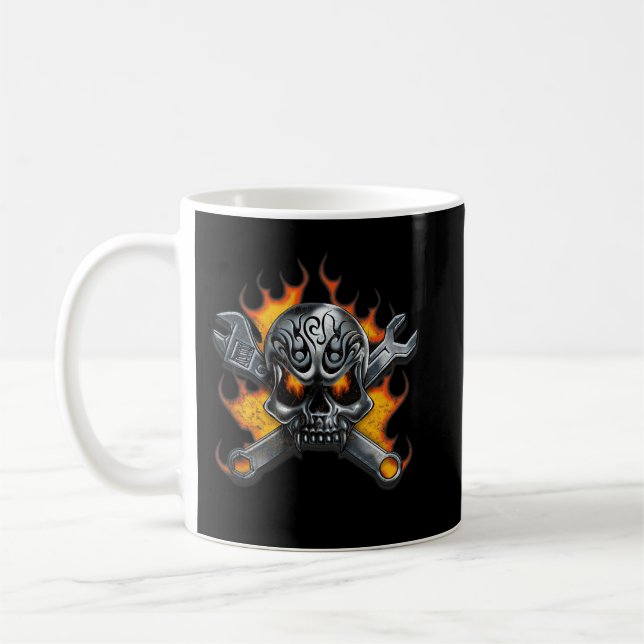 Metal Skull Wrench Flames Mechanic Men Coffee Mug (Left)