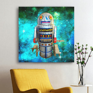 Metal toy robot in blue galaxy, cute vintage retro canvas print