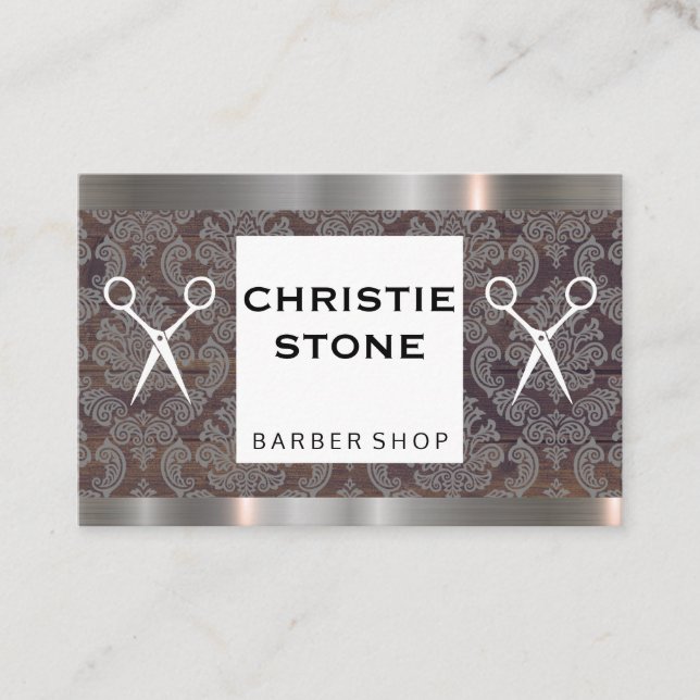 Metal Trim Damask Shears Hairstylist Business Card (Front)