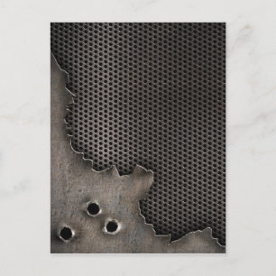 Metal with bullet holes background postcard