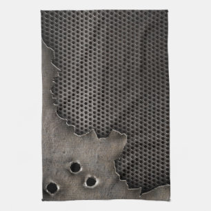 Metal with bullet holes background tea towel