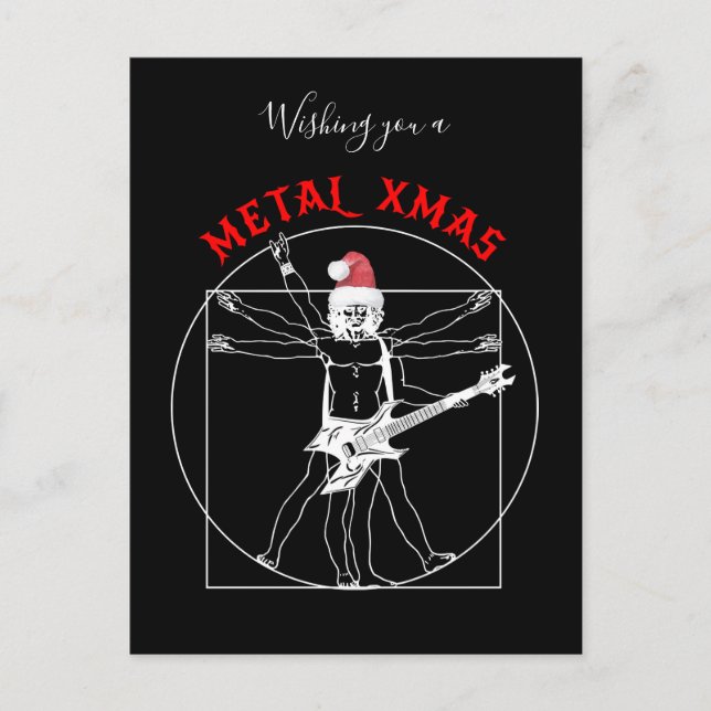 Metal X-mas - vitruvian metal guitar player Holiday Postcard (Front)