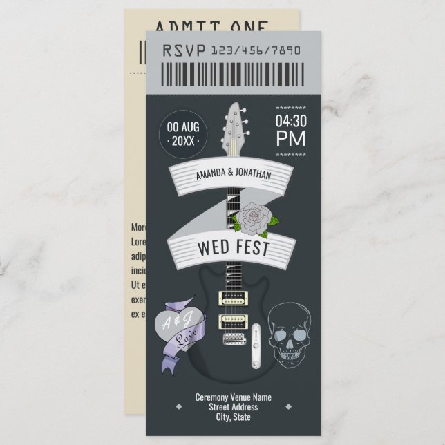 Metalhead Luxe Rock ’n’ Roll Wedding Ticket Invitation (Front/Back)