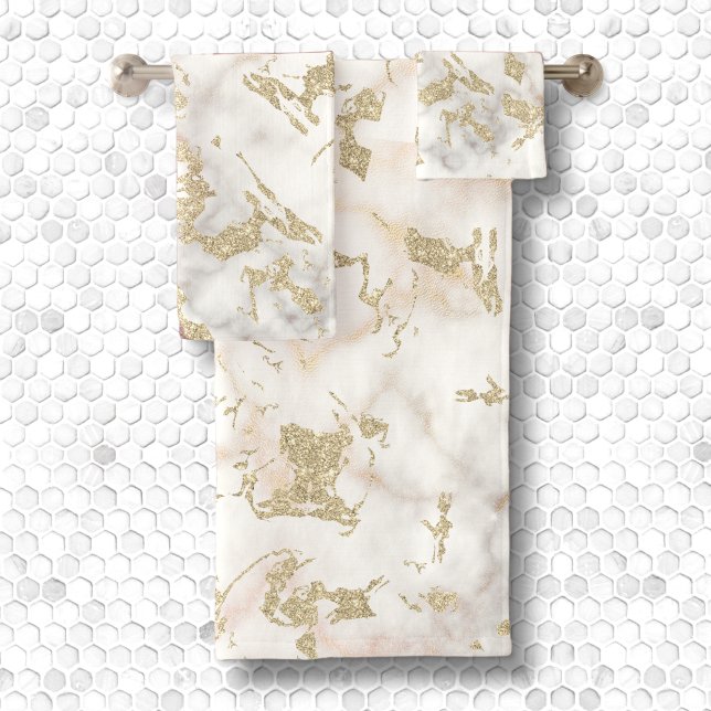 Metalic gold glitter & gem encrusted white marble bath towel set (Creator Uploaded)