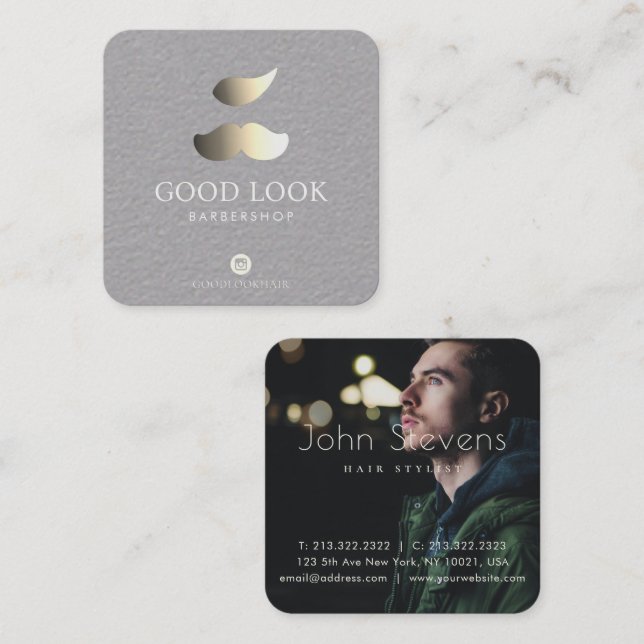 Metalic Silver and Golden Moustache Hair Barber Square Business Card (Front/Back)