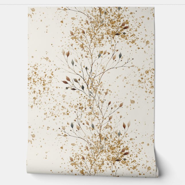Metalic style branch mid century gold glitter wallpaper (Unrolling)