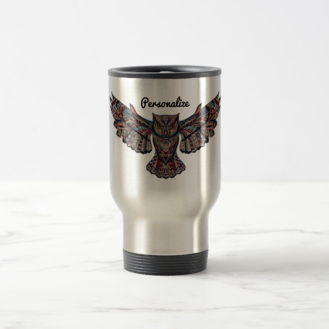 Metalized Owl Art Personalised Travel Mug (Center)