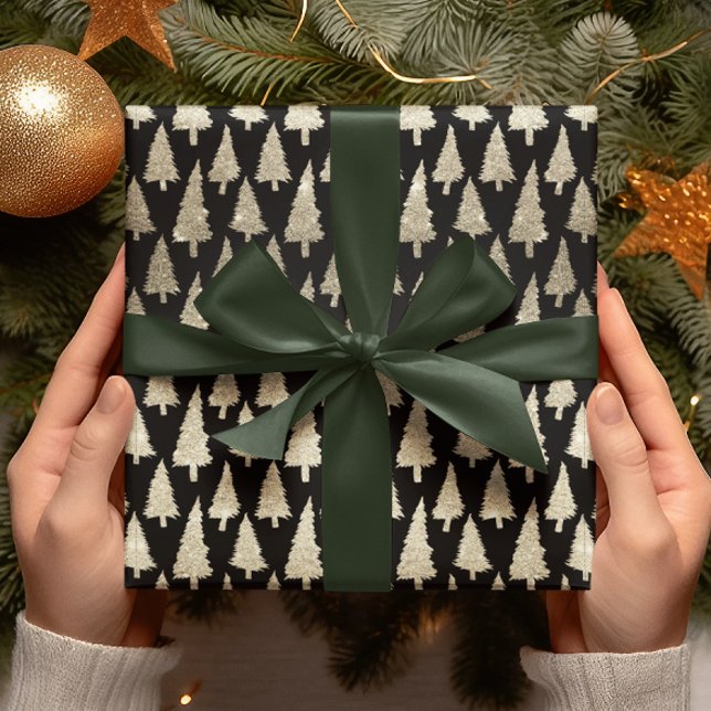 Metallic 14k Gold Glitter Xmas Trees on Black Gift Wrapping Paper (Creator Uploaded)