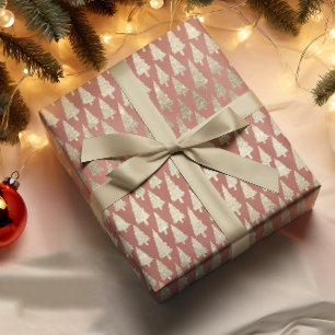 Metallic 14k Gold Glitter Xmas Trees on Rose Gift Wrapping Paper