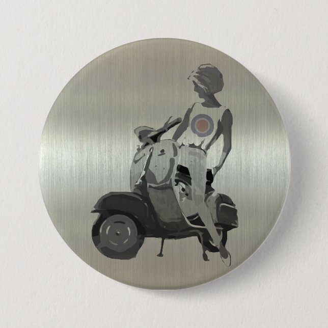 Metallic aluminium effect scooter girl 7.5 cm round badge (Front)