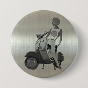 Metallic aluminium effect scooter girl 7.5 cm round badge