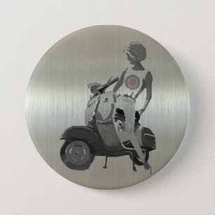 Metallic aluminium effect scooter girl 7.5 cm round badge