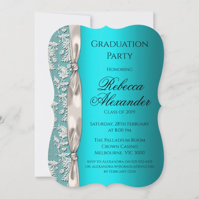 Metallic Aqua and White Ribbon Graduation Invitation (Front)