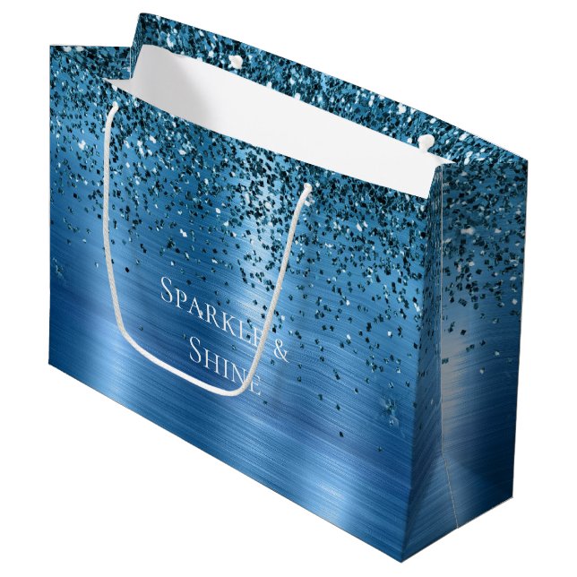 Metallic Aqua Blue Glitter Large Gift Bag (Front Angled)