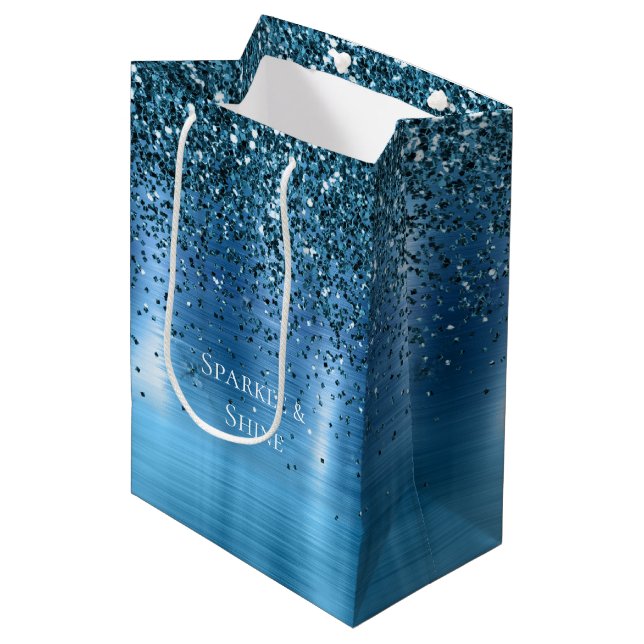 Metallic Aqua Blue Glitter Medium Gift Bag (Front Angled)