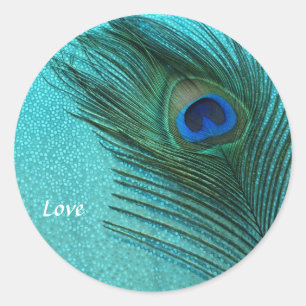Metallic Aqua Blue Peacock Feather Classic Round Sticker