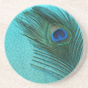 Metallic Aqua Blue Peacock Feather Coaster