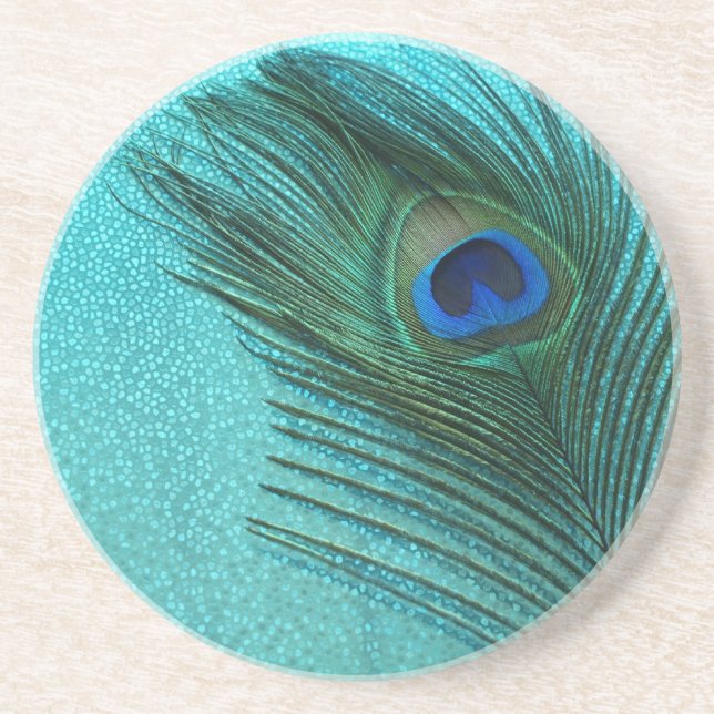 Metallic Aqua Blue Peacock Feather Coaster (Front)