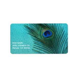 Metallic Aqua Blue Peacock Feather Label