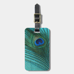 Metallic Aqua Blue Peacock Feather Luggage Tag