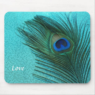 Metallic Aqua Blue Peacock Feather Mouse Mat