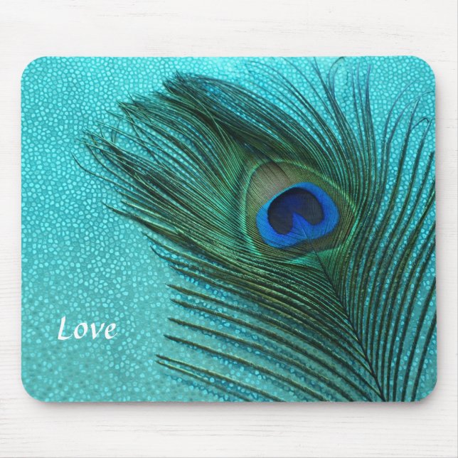 Metallic Aqua Blue Peacock Feather Mouse Mat (Front)