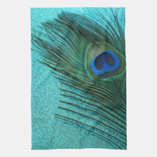 Metallic Aqua Blue Peacock Feather Tea Towel