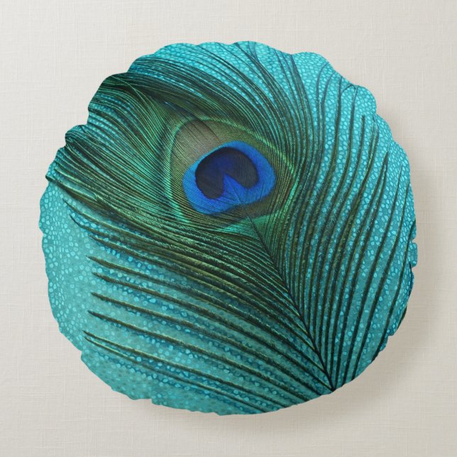Metallic Aqua Blue Peacock Round Cushion (Front)