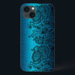 Metallic Aqua Blue With Black Paisley Lace Case-Mate iPhone Case<br><div class="desc">Black aqua blue metallic design brushed aluminium look with black floral paisley lace.</div>