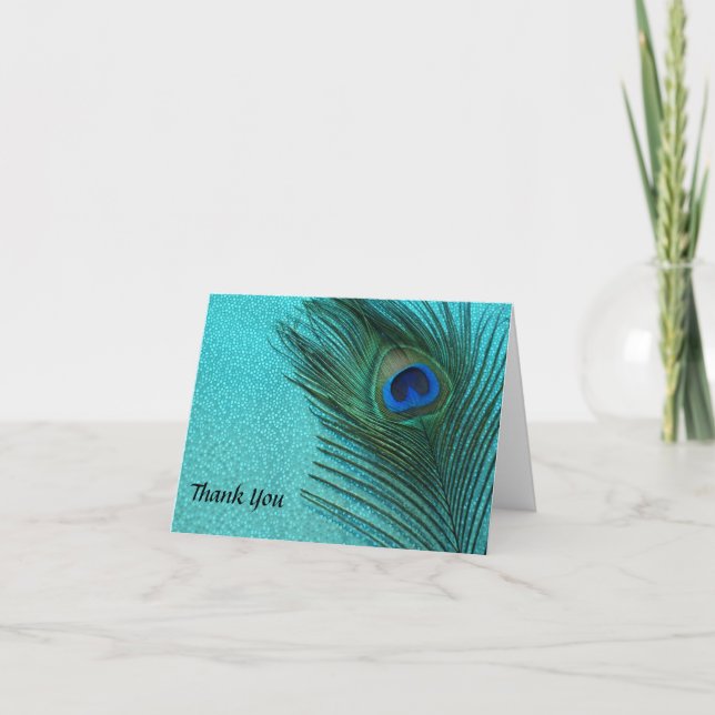 Metallic Aqua Peacock Wedding Thank You Cards (Front)