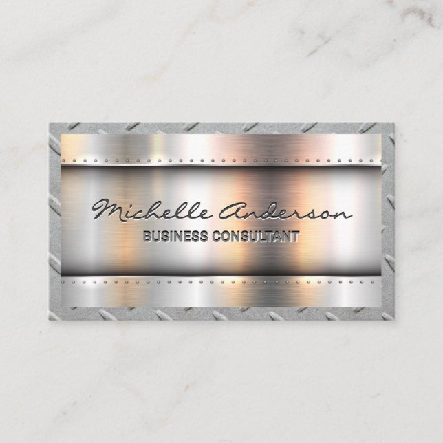 Metallic Background | Metal Rivets | Steel Border Business Card (Front)