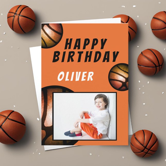 Metallic Basketball Happy Birthday Photo Card (Creator Uploaded)