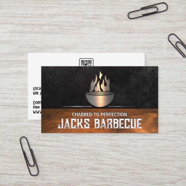 Metallic Bbq Logo | Sleek Black | Wood Trim Business Card (Front/Back In Situ)
