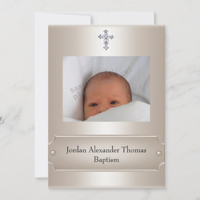 Metallic Beige Photo Frame Jewel Cross Baptism Invitation (Front)