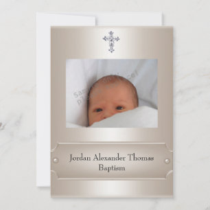 Metallic Beige Photo Frame Jewel Cross Baptism Invitation