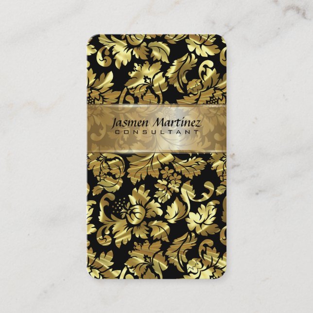 Metallic Black And  Gold Floral Damasks Business Card (Front)