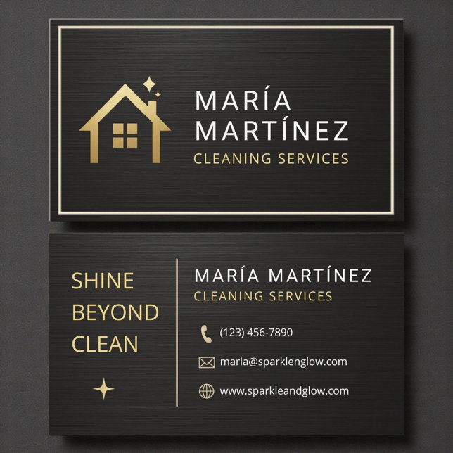 Metallic Black and Gold House Cleaning Services Business Card (Creator Uploaded)