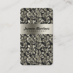 Metallic Black And Old Silver Tone Floral Damasks Business Card