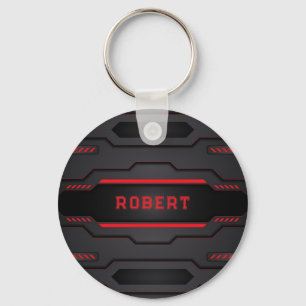 Metallic black and red geometric design key ring
