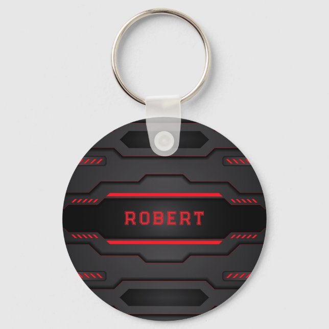 Metallic black and red geometric design key ring (Front)