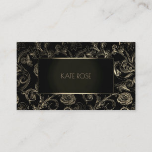 Metallic Black Champaign Gold Floral Frame Roses Business Card