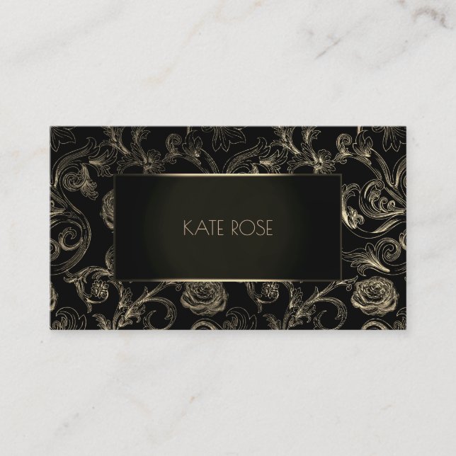 Metallic Black Champaign Gold Floral Frame Roses Business Card (Front)