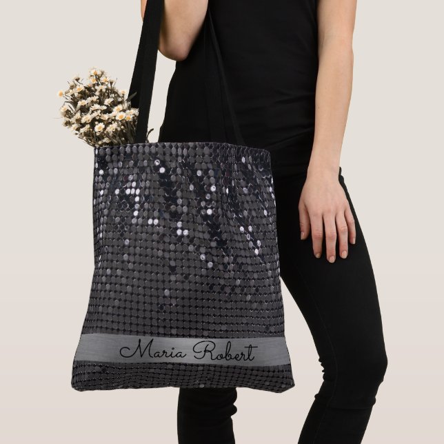 Metallic Black Glitter Girly Glam Personalised Tote Bag (Close Up)