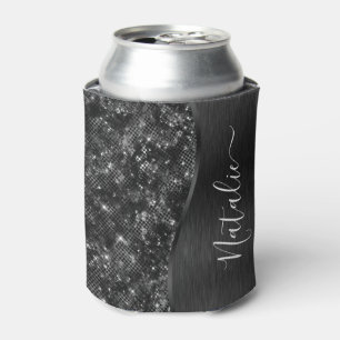 Metallic Black Glitter Personalised Can Cooler