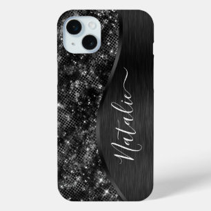 Metallic Black Glitter Personalised iPhone 15 Mini Case