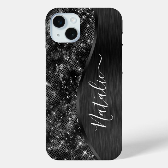 Metallic Black Glitter Personalised Case-Mate iPhone Case (Back)