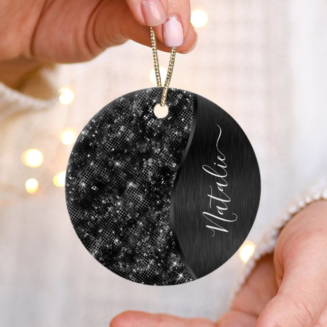 Metallic Black Glitter Personalised Ceramic Tree Decoration (Creator Uploaded)