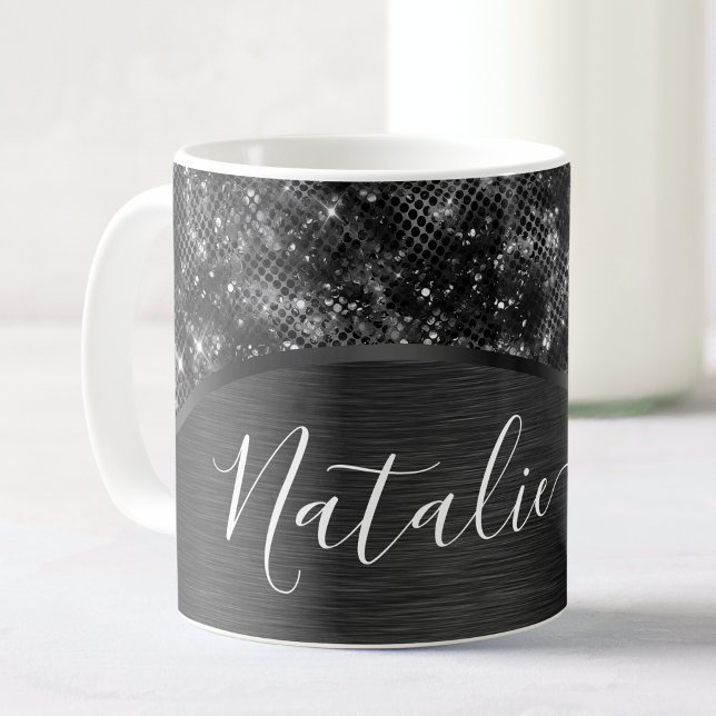 Metallic Black Glitter Personalised Coffee Mug (Creator Uploaded)
