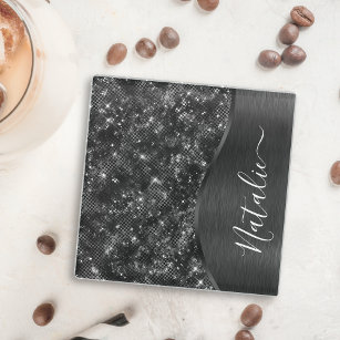 Metallic Black Glitter Personalised Glass Coaster