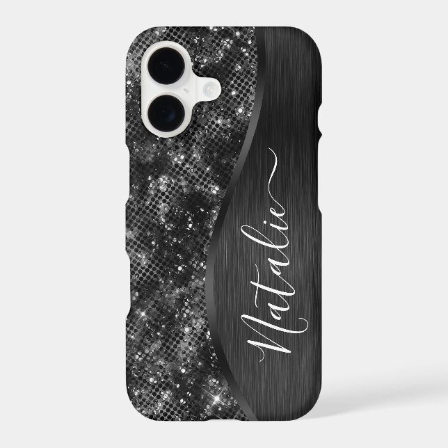 Metallic Black Glitter Personalised iPhone Case (Back)